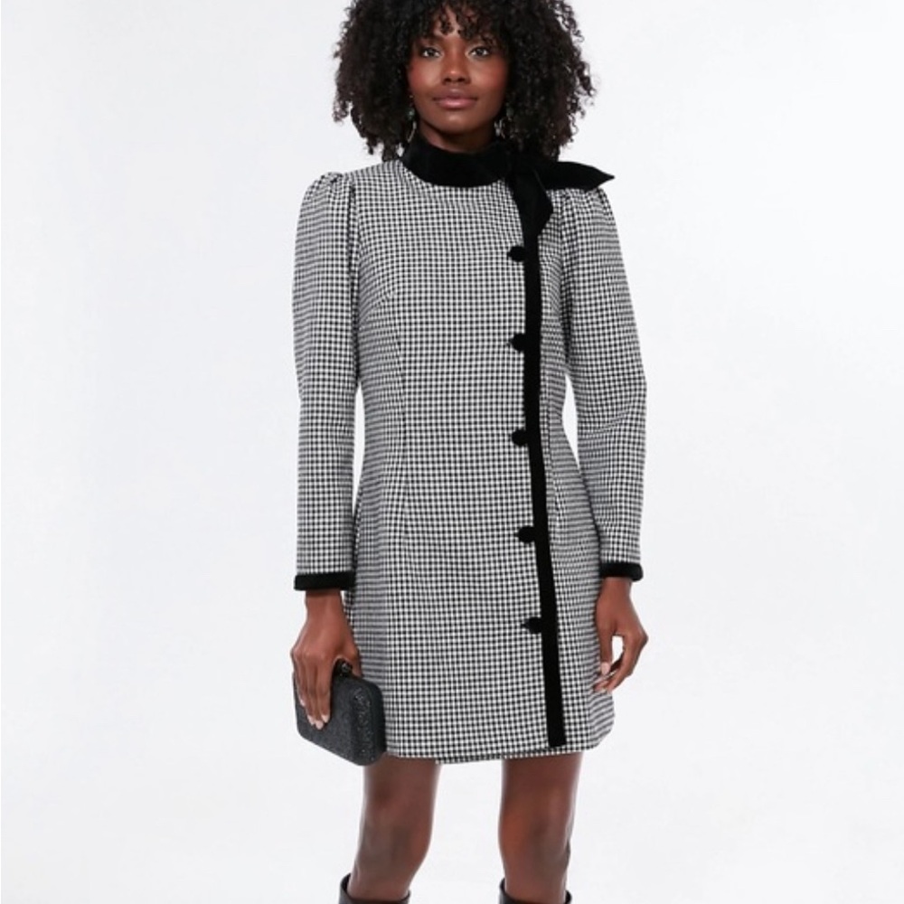 Tuckernuck Felicity Dress Medium Houndstooth black and white bow